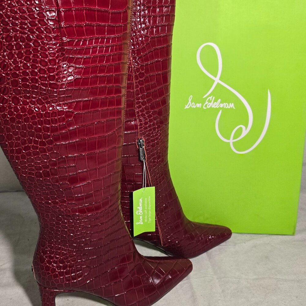 Sam Edelman Sylvia Croc Embossed Leather Knee High Boots Red Size 6.5M WC